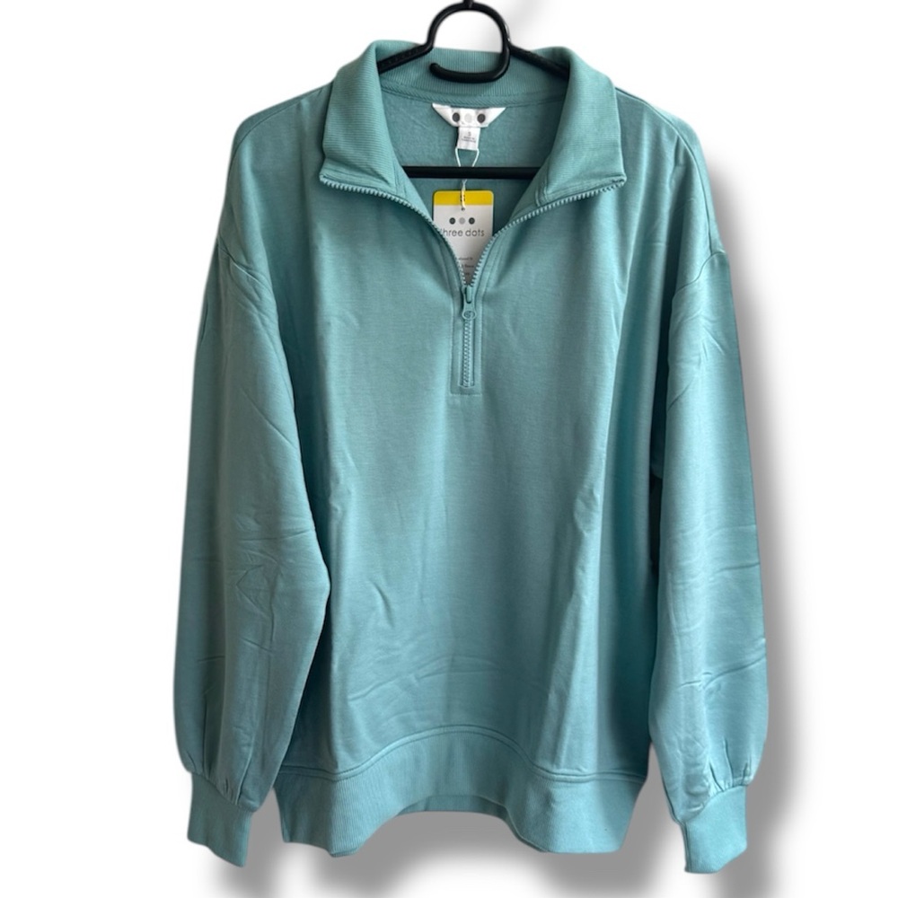 Three Dots Womens Cozy Teal Quarter-Zip Sweater